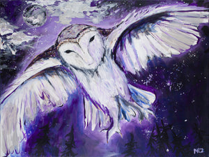 Barn Owl Flying Through Purple Nite - Original Painting